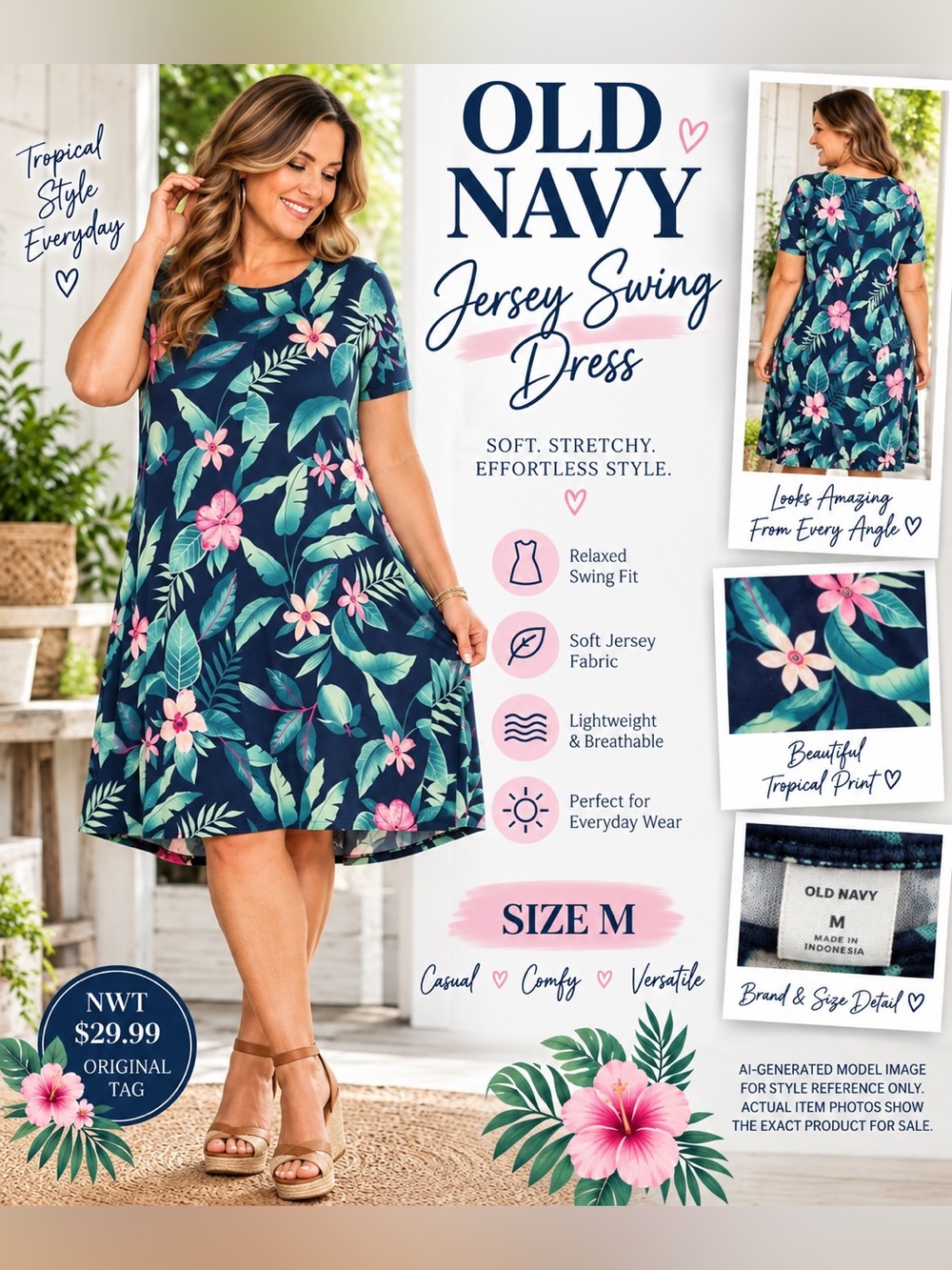 OLD NAVY TROPICAL FLORAL JERSEY SWING DRESS • MEDIUM